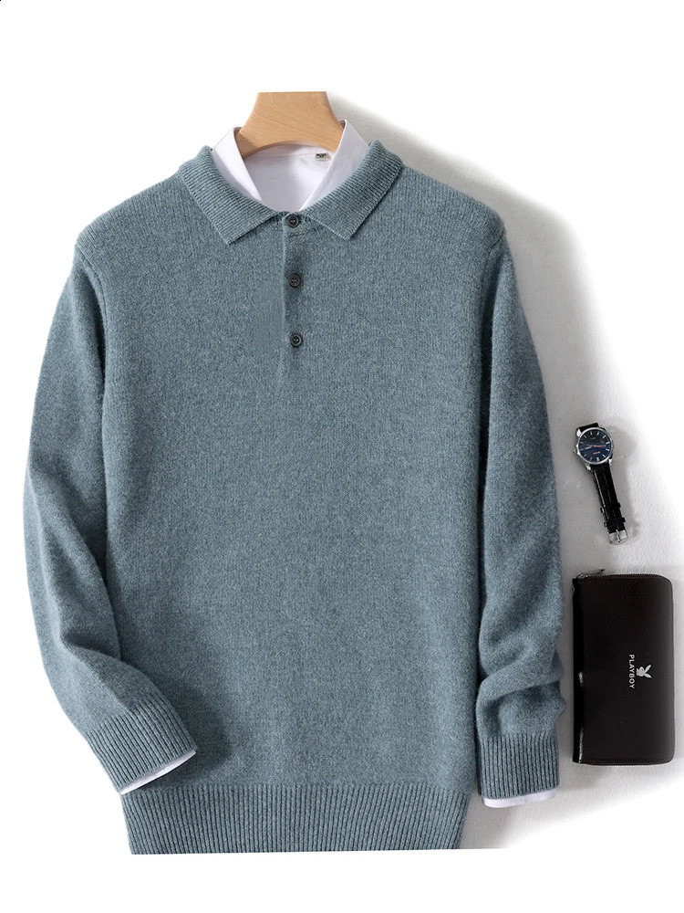 Choose mens polo collar sweater with spring and summer long sleeves intelligent casual pull pattern 100% Merino wool knitted basic clothing 240820