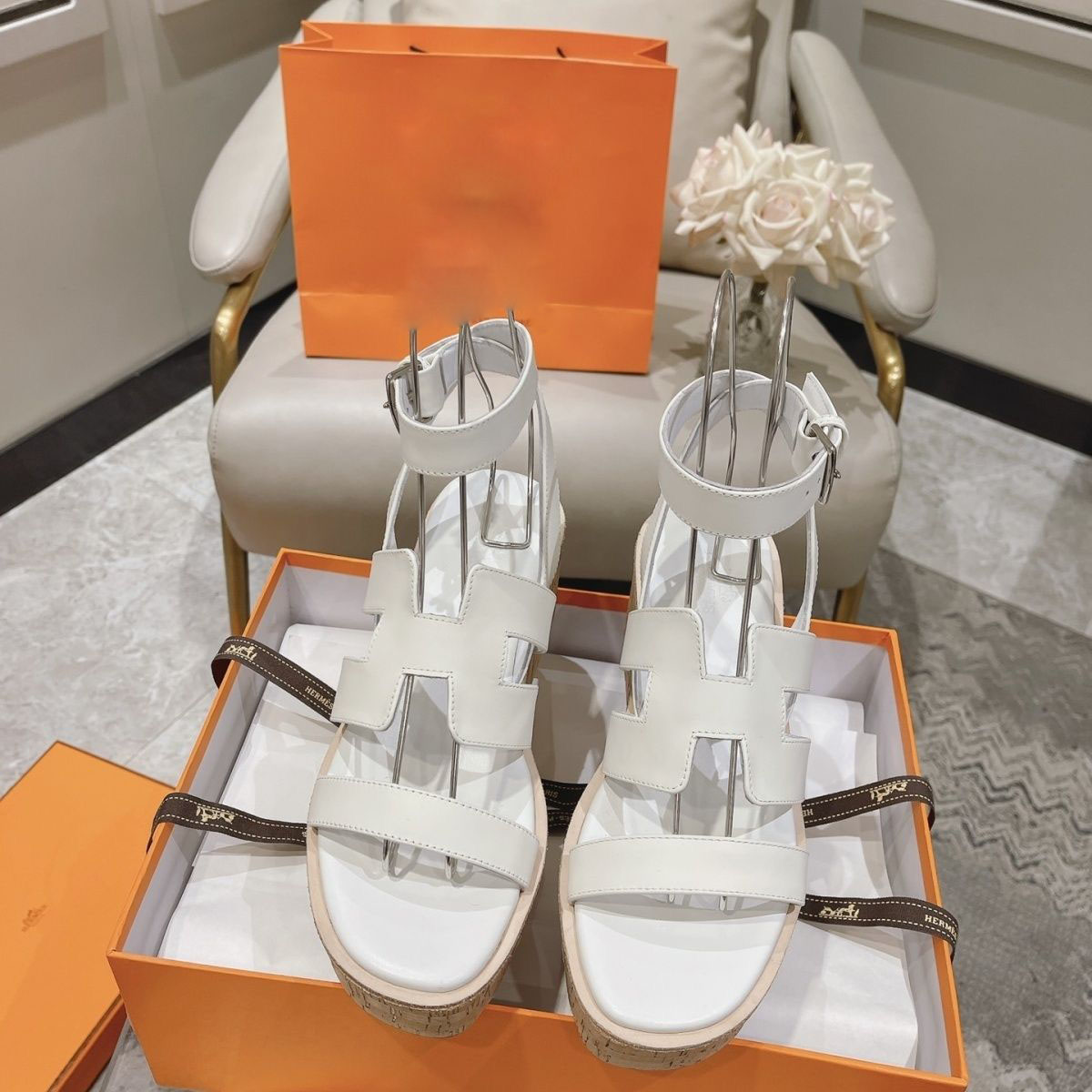 Luxury Sexy Sandals Women's High Heel Wedge Sandals Summer Waterproof Platform Thick Sole Sandals Leather Open Toe Slope Heel Sandals Box