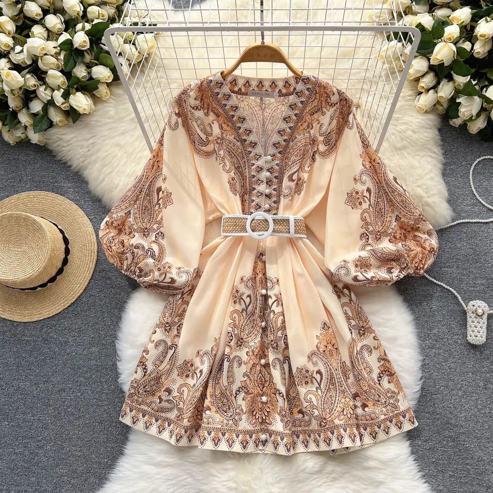 Imprimé vintage Elegant V-Neck Lantern Lantern Long Mancheve Robe A-Line Foot Women Fashion Automne Spring Vestidos 240819