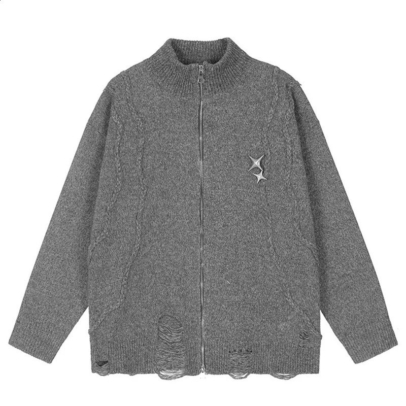 Mens Sweaters Cardigan s Y2K Hip Hop Harajuku Stand Collar Hole Chic Casual Autumn Winter Loose Pull Homme Hombre M-XL 240819