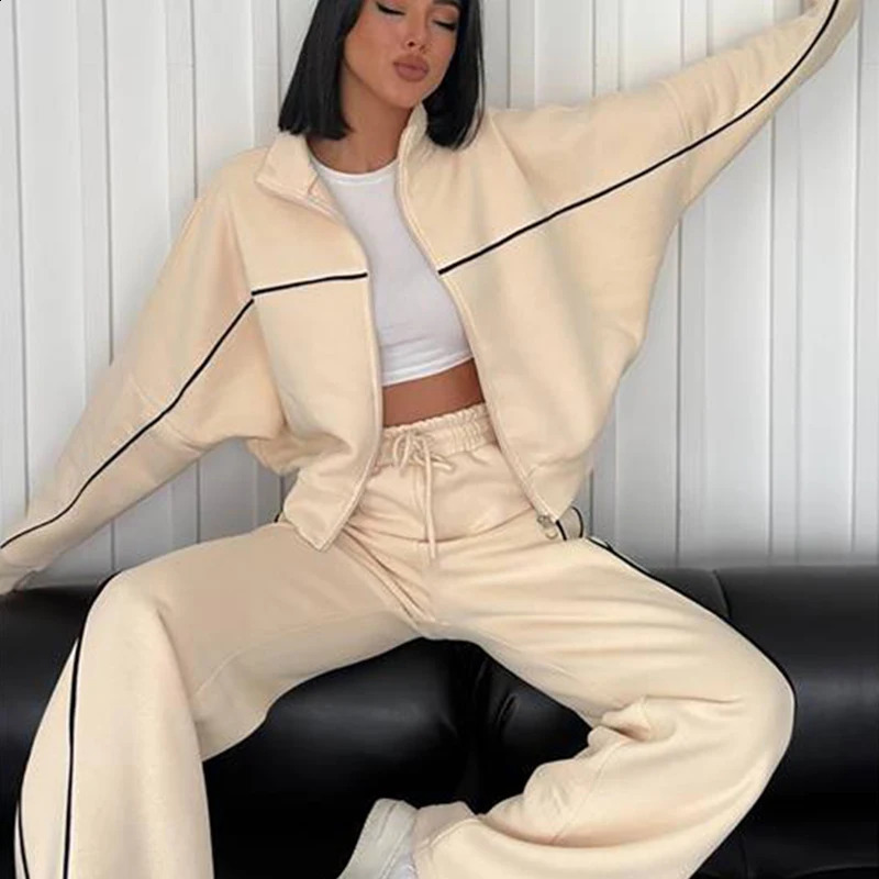 2024 Autumn Womens Casual Sportswear Solid Color Zipper Turtle Collar Hoodie Lace Top Womens Winter Two Piece Set Sports Pants 240819