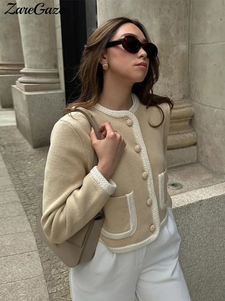Fashion Patchwork Short Coats Women O-neck Long Sleeve Single Breasted Pockets Jackets Autumn Winter Elegant Lady Coat 240819