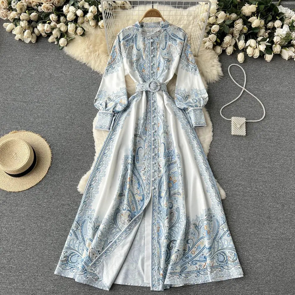 Lanterne à manches longues Col à manches longues Robe à poitrine simple Robe A-Line Fofs Fashion Automne Vestidos Spring Long Robe 240819