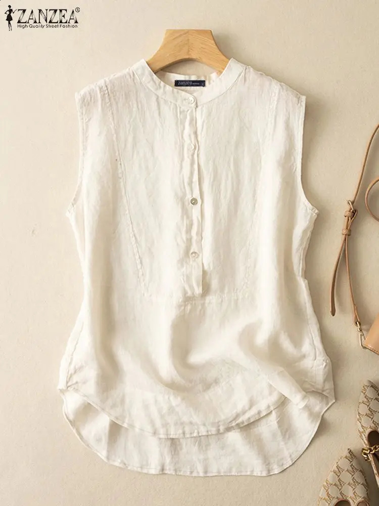 2024 ZANZEA Summer Elegant Tank Top Womens Sleeveless Cotton Shirt Retro Casual Loose Work Beach Shirt Womens Holiday Blusas 240820