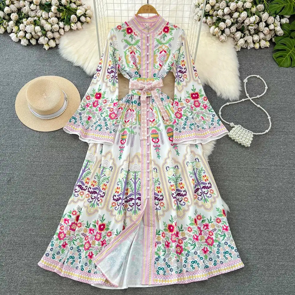 Robe de piste d'automne de printemps Maxi Robe Femmes Bohemian Flower Print Single Pignon Split Flare Sleeve Long Party Vestidos 2382 240819