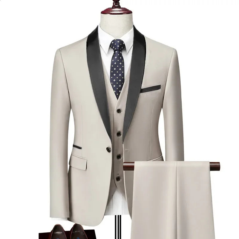 Men Business Casual Wedding Party Three Pieces Jacket Trousers Waistcoat Set Male Blazer Coat Pants Vest Fashion Slim Fit Suits 240819