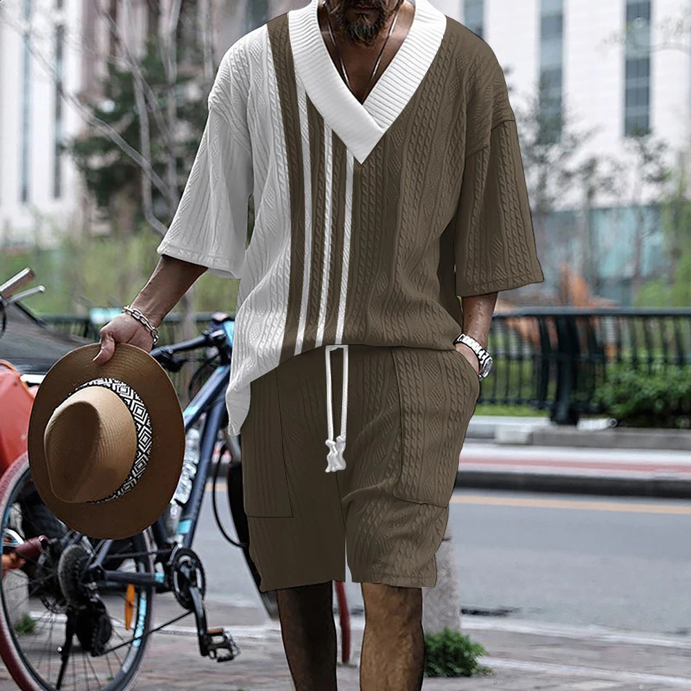 2024 Summer 3D Imprimer de style décontracté taille plus Vneck Knit Mens Suit Tshirt Shorts Set Y240820