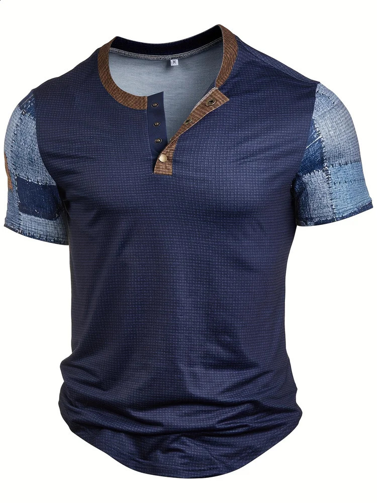 Mens retro denim print V-neck short sleeved fashionable formal wear Henry T-shirt spring summer vacation clothing 240819