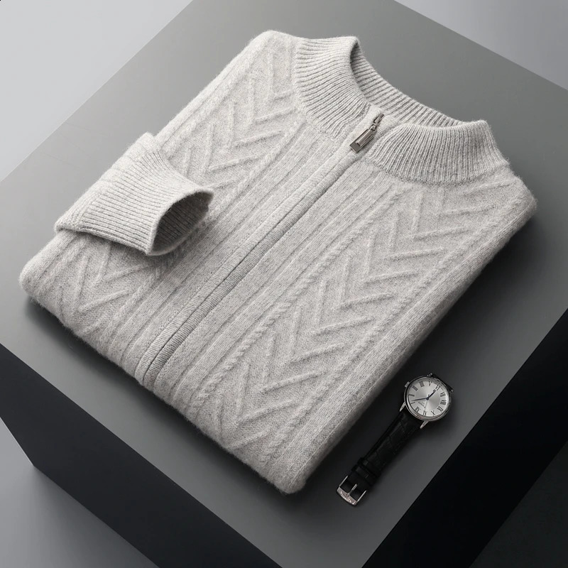 autumn and winter 100% merino wool cardigan mens semi-high-necked diamond-shaped thick jacquard knitted jacket 240819