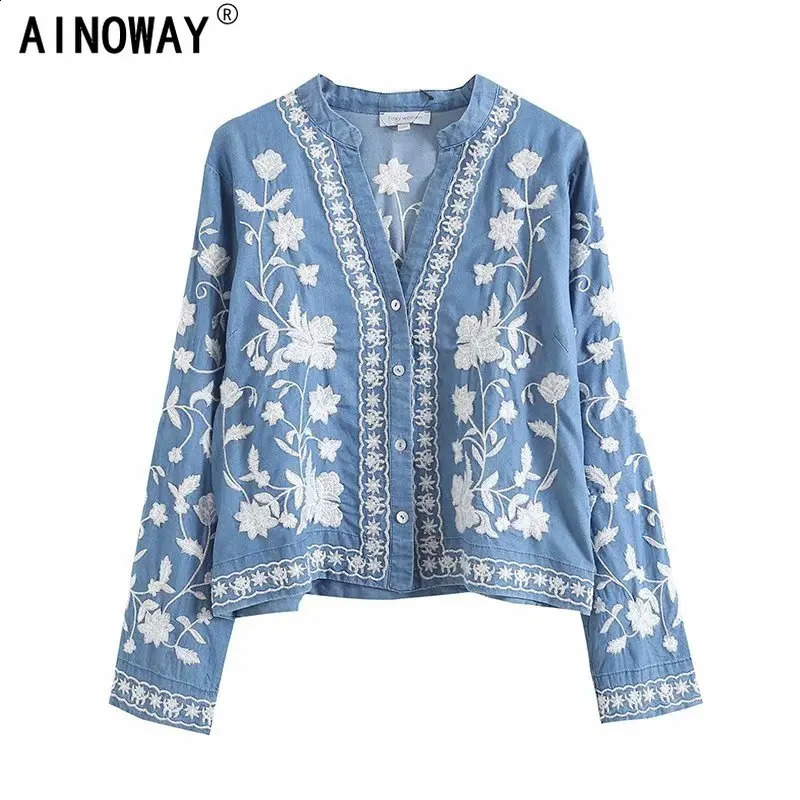 Bohemian retro denim cotton blue embroidered womens Bohemian V-neck batwing sleeves happy short skirt kimono set 240820