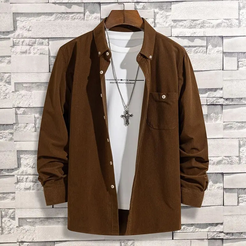 Spring Autumn Fashion Corduroy Solid Color Shirts Mens Clothing POLO Collar Long Sleeve Single Breasted Pocket Korean Blouse 240820