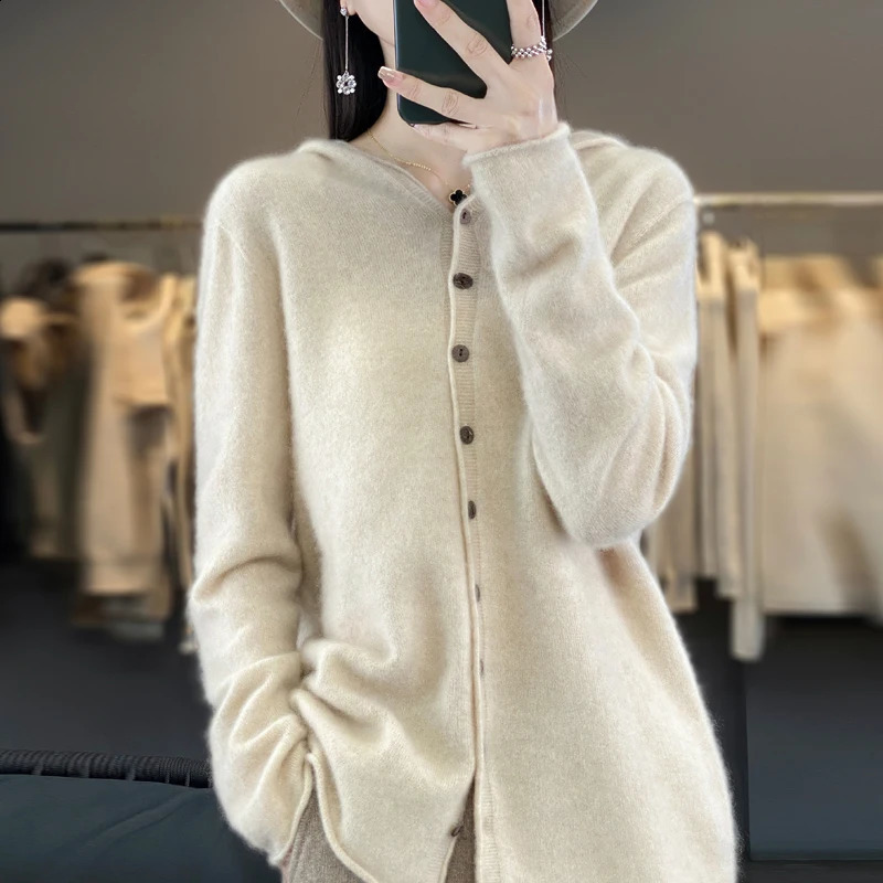 Wool Cardigan Sweater Women Hooded Long Sleeve Top Korean Style Knitted Jackets Mujer Knitwear Loose Autumn Winter Clothing 240820