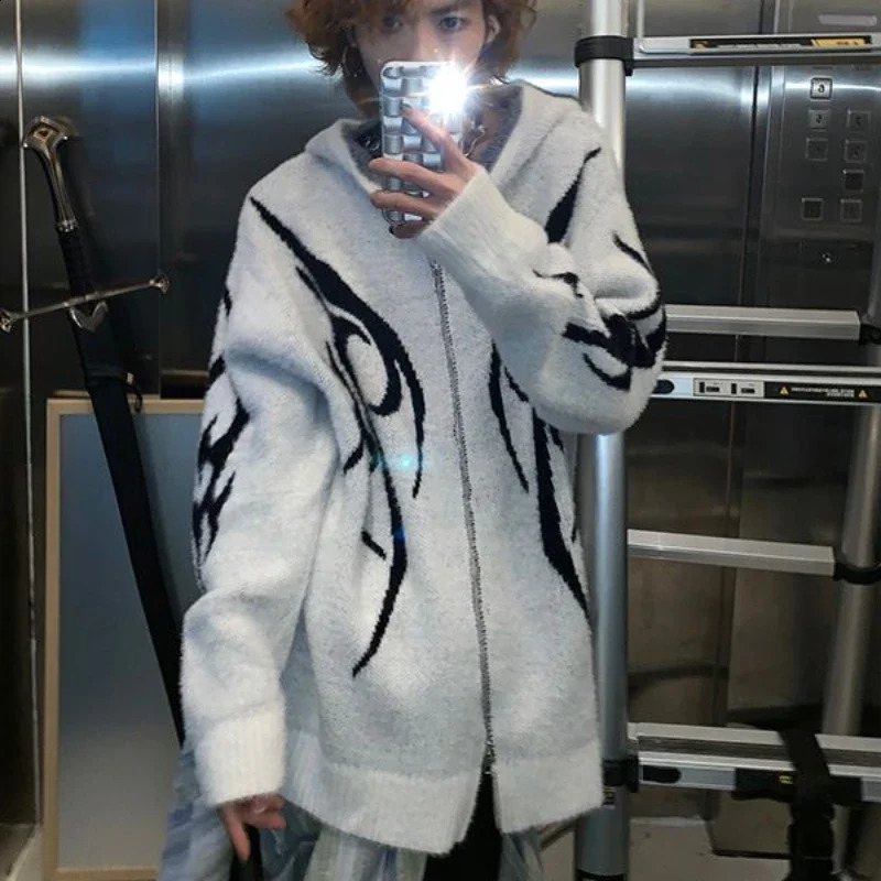 Autumn Winter Jacquard Hooded Zipper Sweater Overcoat Couple Loose Casual High Street Knitted Cardigan Men Tops Male Clothes 240819