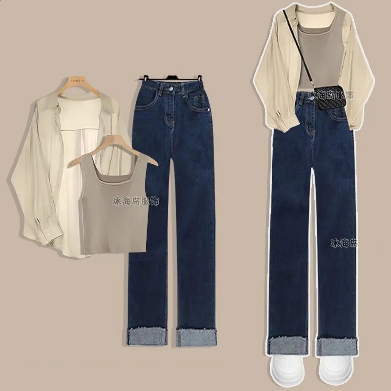 2024 Summer Korean Elegant Jeans Matching Set Womens Fashion Sunscreen ShirtBeltJeans 3-Piece Set Womens Set 240819