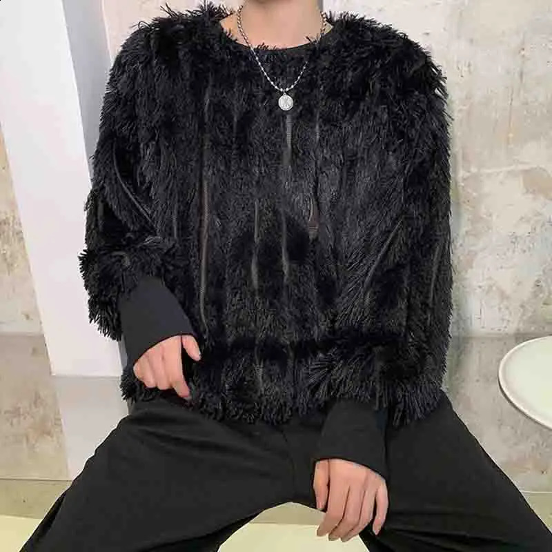 Dark and black personality tassel wool loose pullover sweater mens Korean fashion long hair velvet casual bottom coat autumn 240820