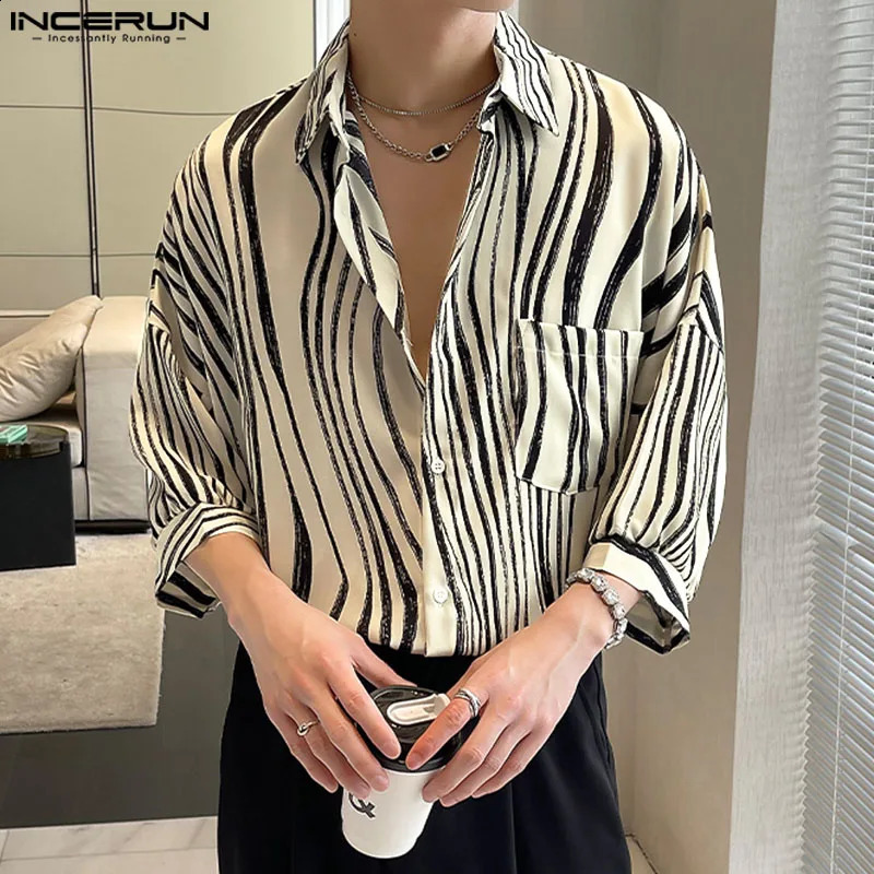 Incerun tops style coréen beaux hommes mode chemises à rayures irrégulières Streetwear décontracté à sept quarts à manches S-5XL 240820