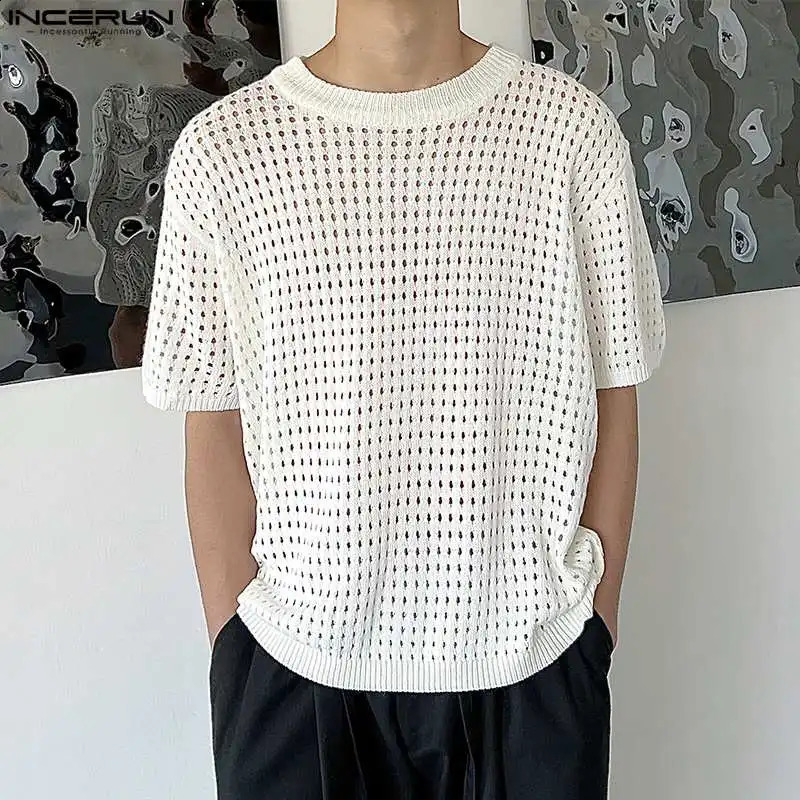 INCERUN Mens T-shirt Mesh Transparent Solid O-neck Short Sleeve Street Clothing Camisetas Summer Fashion Casual Triple Top S-5XL 240820