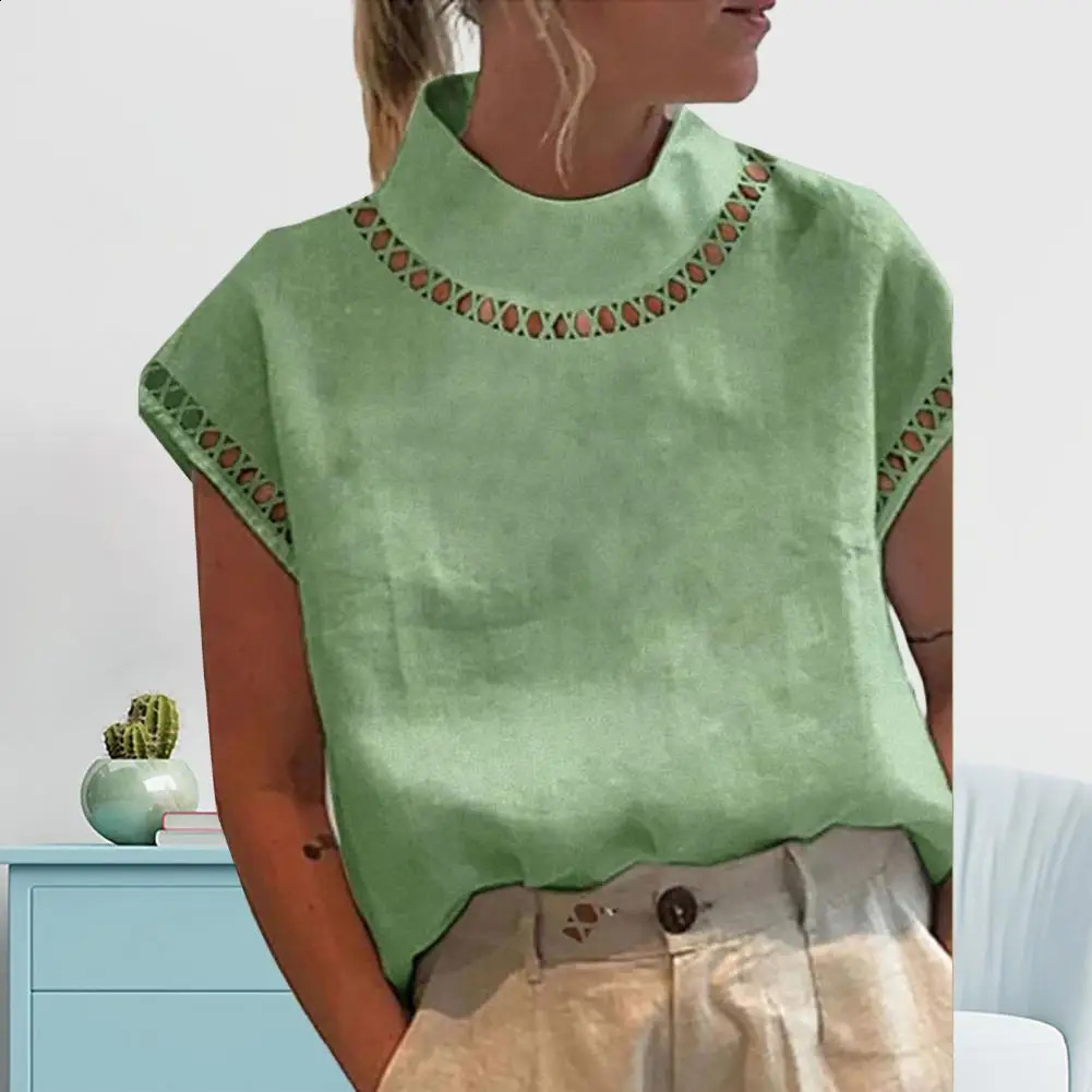 Womens casual O-neck cotton linen shirt spring hollow splicing office summer short sleeved loose retro clothing shirt 240820