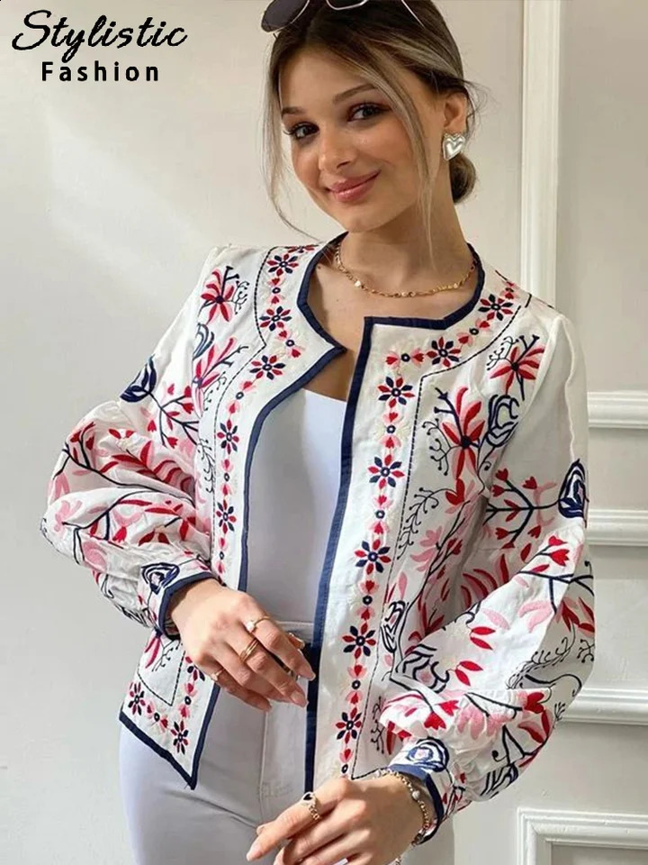 Casual printed womens jacket O-neck long lantern sleeves thin short jacket womens 2024 early autumn fashionable streetwear womens jacket 240820