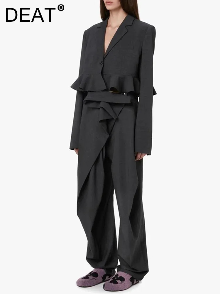 DEAT Fashion Womens 2-piece Slotted Single Button Ruffle Lace Hem Irregular Wide Leg Pants Set Winter 2024 Trendy 7AB2005 240819