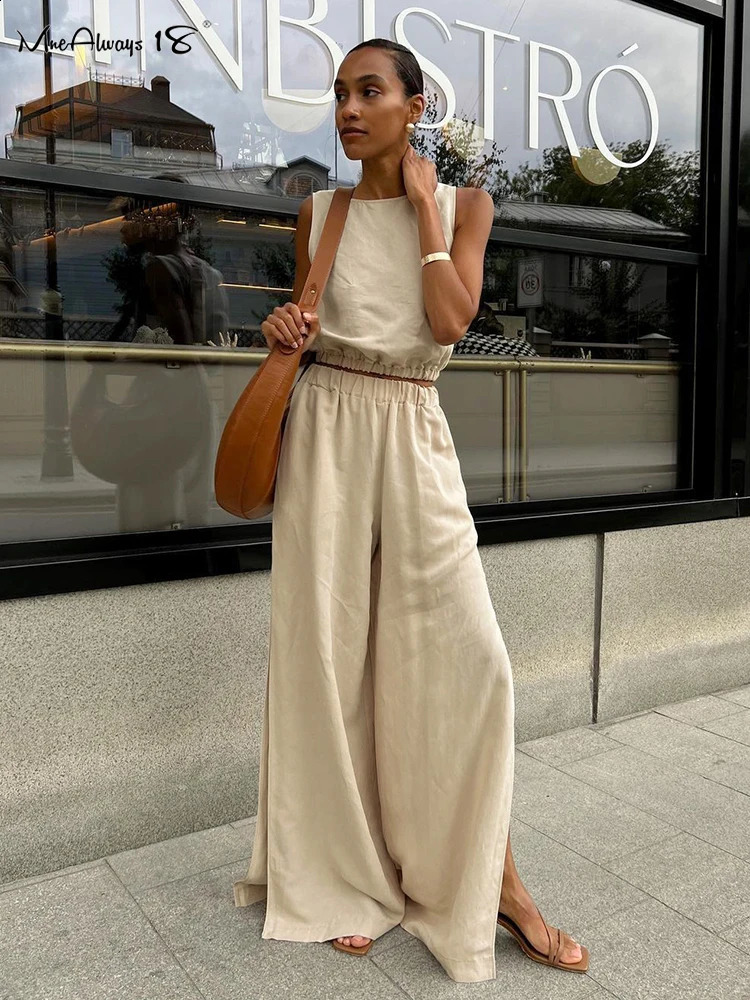 Mnealways18 Cotton Linen Khaki Pants Set for Vacation Summer Sleeveless Top and Split Pants Set 2024 Two Piece Office Womens Set 240819