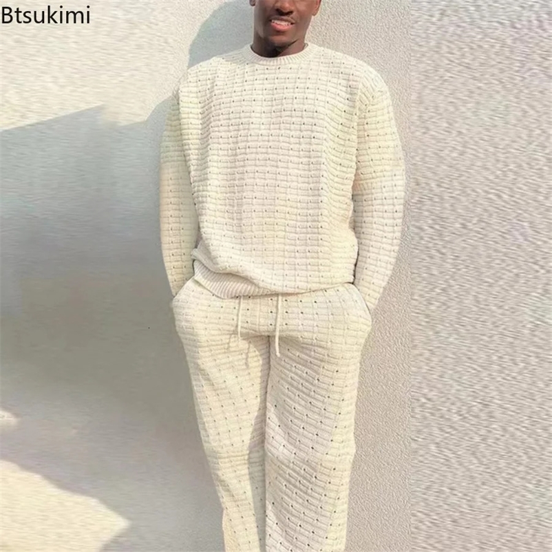 2024 Mens Casual Two Piece Sets Knitted O Neck Long Sleeve Tshirts And Drawstring Pants Suits Fashion Clothing Outfits y240819