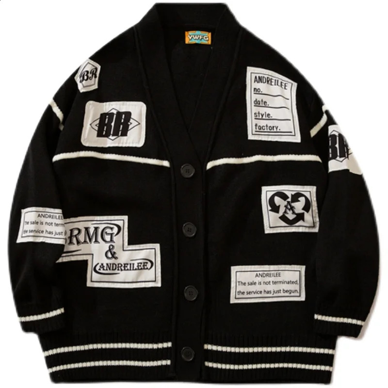 Men Knitted Cardigan Oversize Sweater Letter Printed Korean Style Man Casual Fashion V Neck Autumn Winter Knit Baggy Sweaters 240819