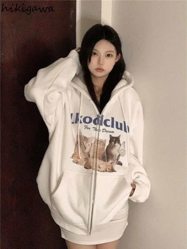 Harajuku hooded womens clothing cat print long sleeved zipper jacket Ropa no print thick fashionable casual hooded Y2k sports shirt 240820