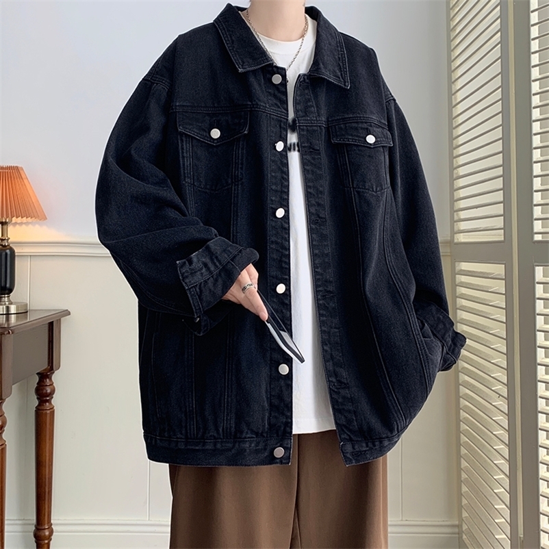 Plus Size 5XLM Black Denim Jacket Mens Turn Down Collar Jeans Coats Multipockets Overalls Streetwear Loose Casual Men Clothing y240819
