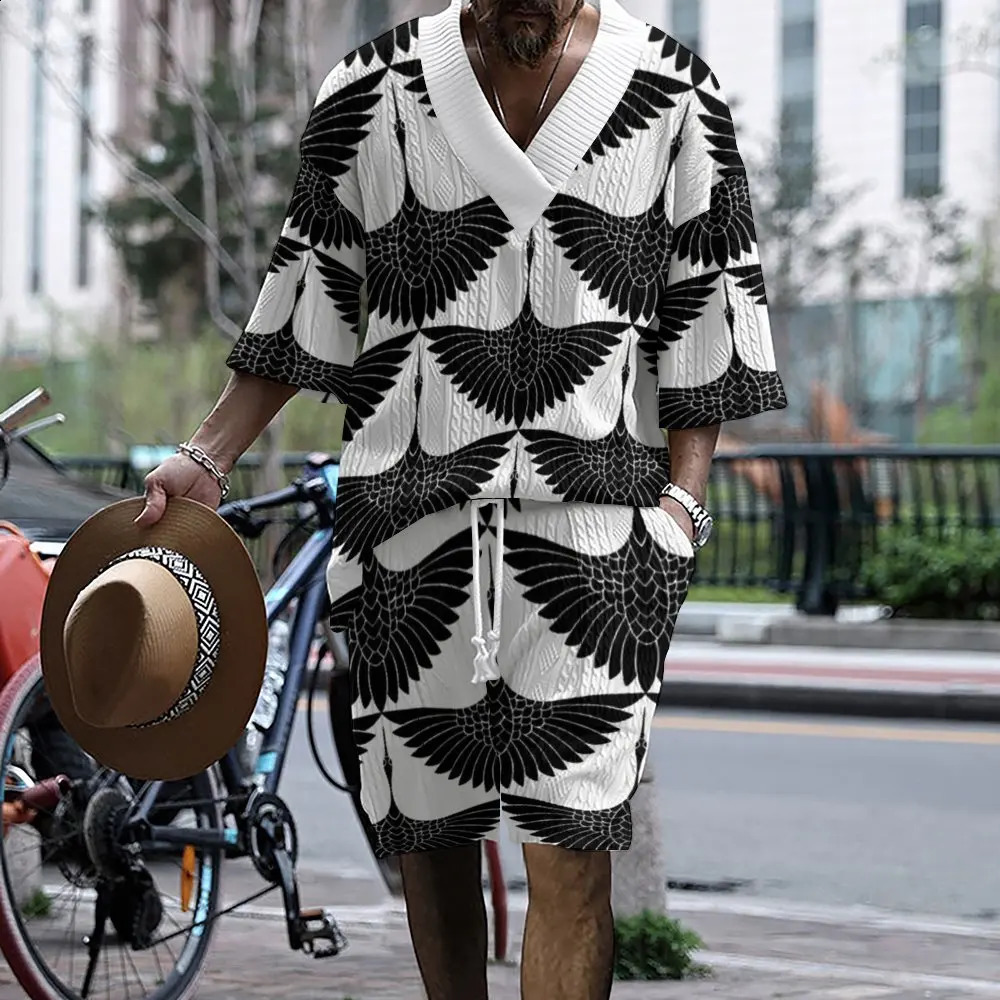 2024 Summer 3D Imprimer la taille lâche style décontracté plus Vneck Knit Mens Suit Tshirt Twopiece Set Y240820