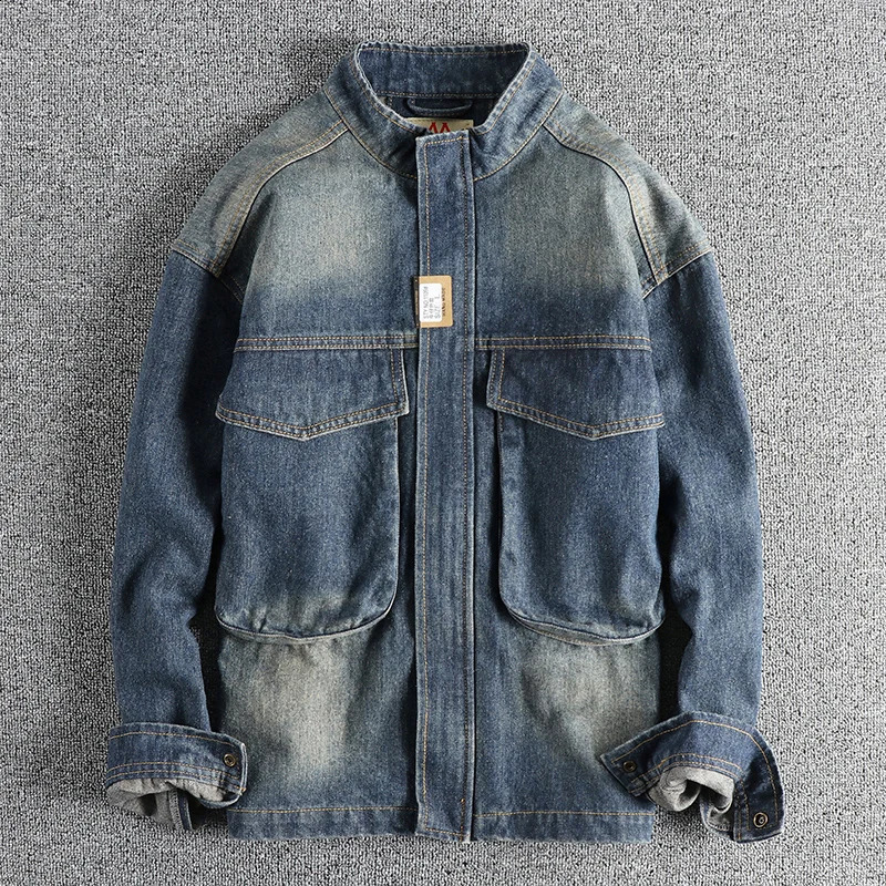 Spring and Autumn Mens Casual Loose Nostalgic Blue Large Pocket Upright Collar Denim Jacket Zipper Jacket 240819