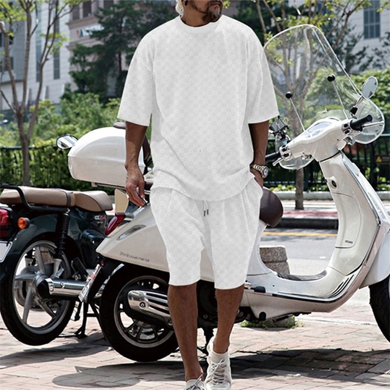 European and American towel plaid knitted mens shortsleeved shorts suit fashion casual round neck y240819