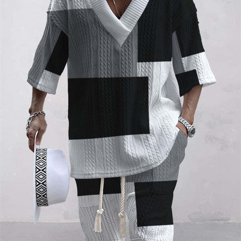 2024 Été pour hommes Set Casual Fashion 3D Vêtements à plaid lâche plus taille Vneck Short 2 pièces Y240819