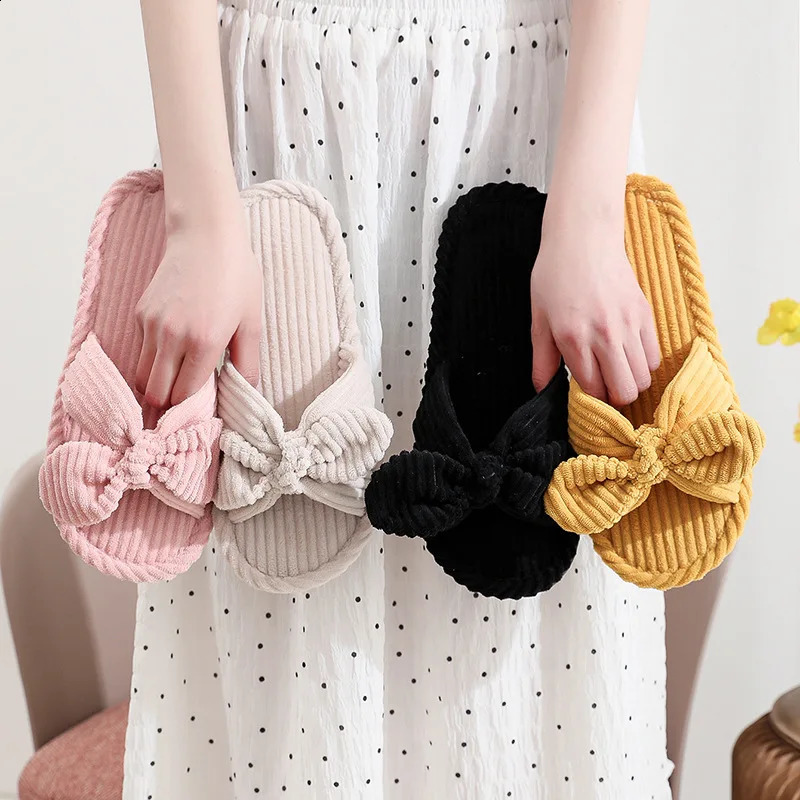 Womens Corduroy Bow Living Room Shoes Slippers Home Soft Casual Autumn Winter Silent Light EVA Anti Slip Herringbone Slippers 240819