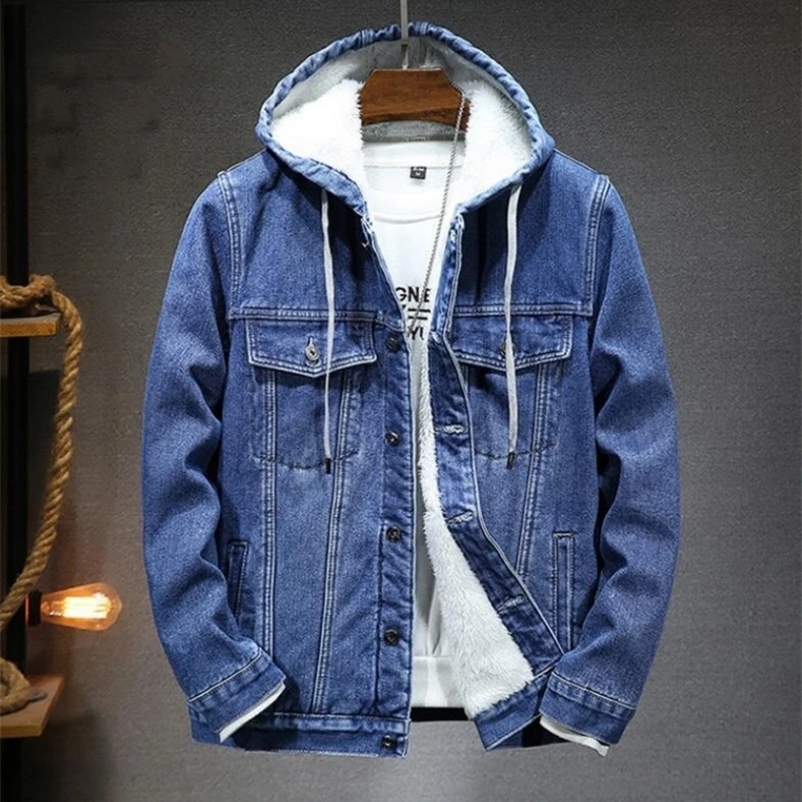 2023 Thicker And Warmer Mens Hooded Denim Jacket Winter Lambswool Padded Size M4XL y240819