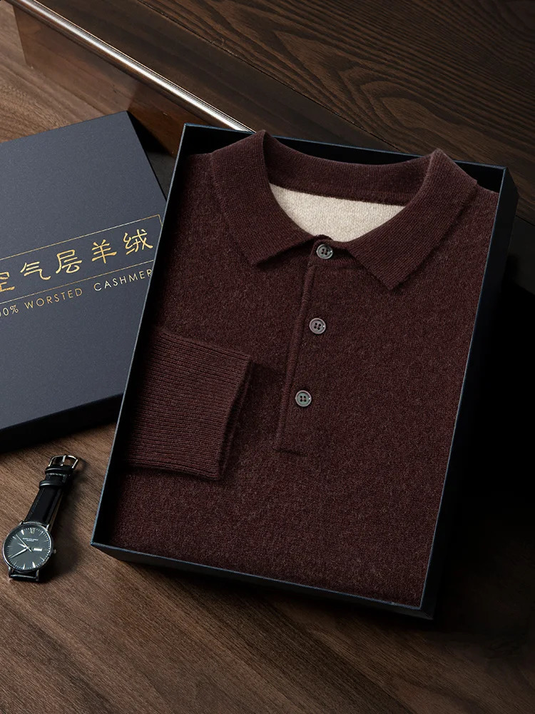 Polo pour hommes 100% Pull à cachemire Épais couche d'air pour l'automne et l'hiver à manches longues tricotées Smart Casual Top 240820