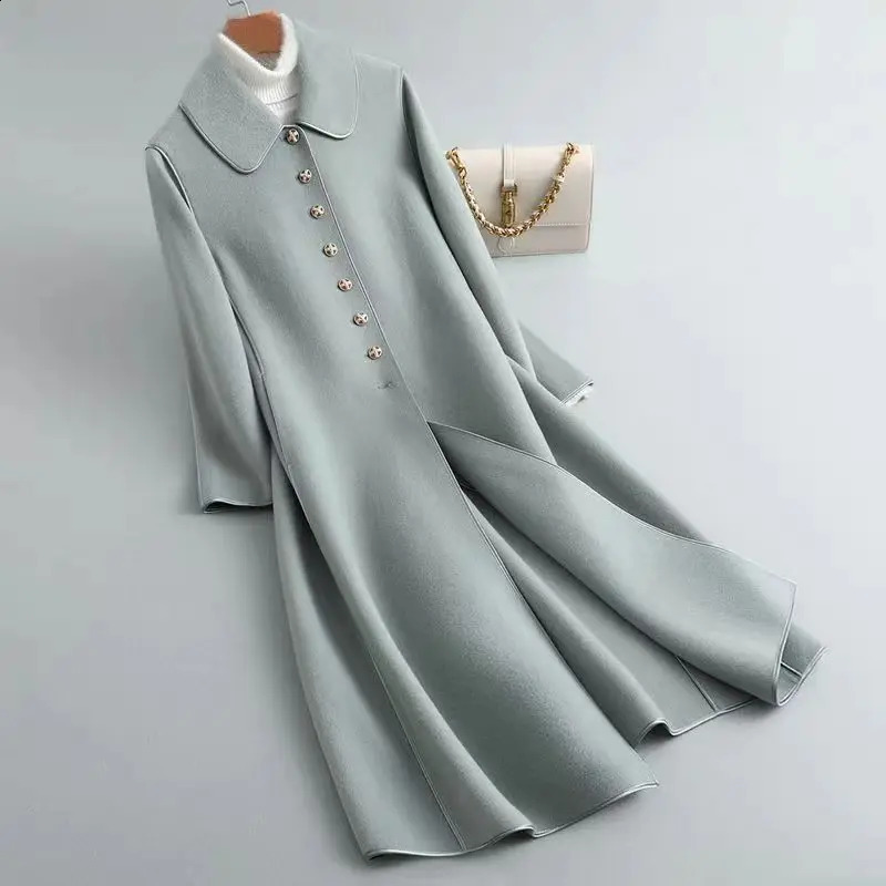 Elegant Single Breasted Woolen Trench Coat for Women Korean Fashion Long Sleeve Lapel Slim Jacket Autumn Winter Overcoats 240820