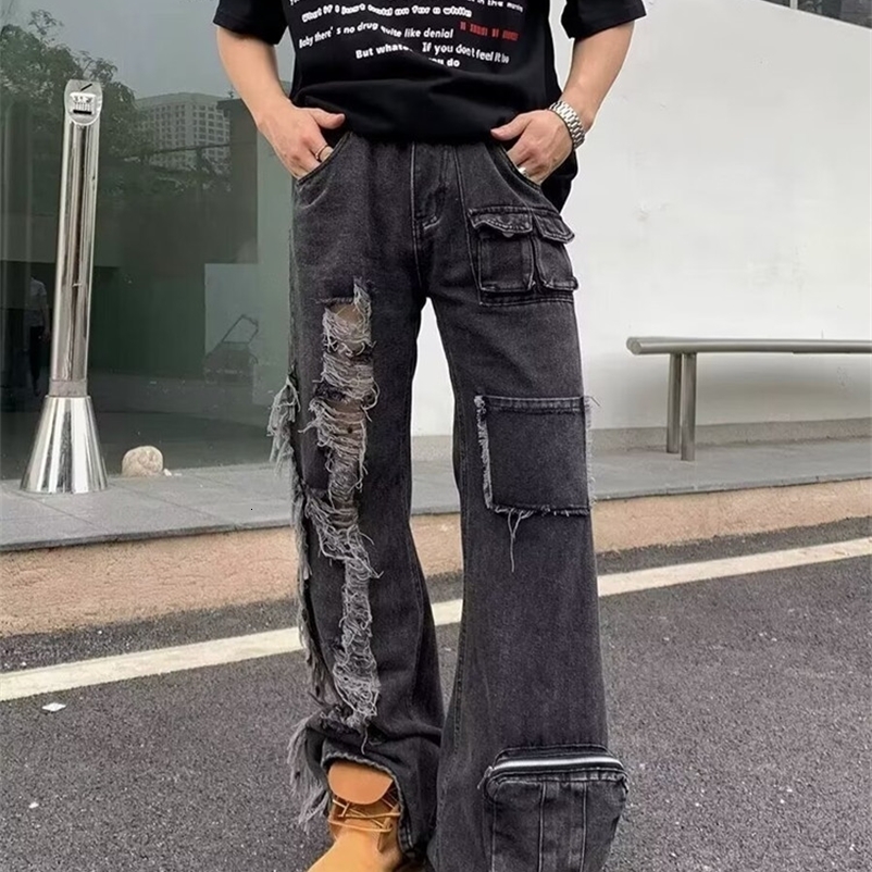 2024 ropa grunge y2k streetwear lavé noir déchiré flare flare jeans pantalon hommes vêtements multiples poches harajuku pantalon en coton y240819