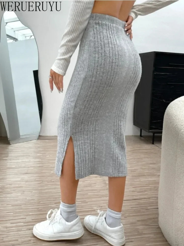 Casual Gray Knitted Skirts for Women Y2k Clothes Autumn Winter Harajuku Fashion High Waist Drawstring Midi Skirt for Women 240820