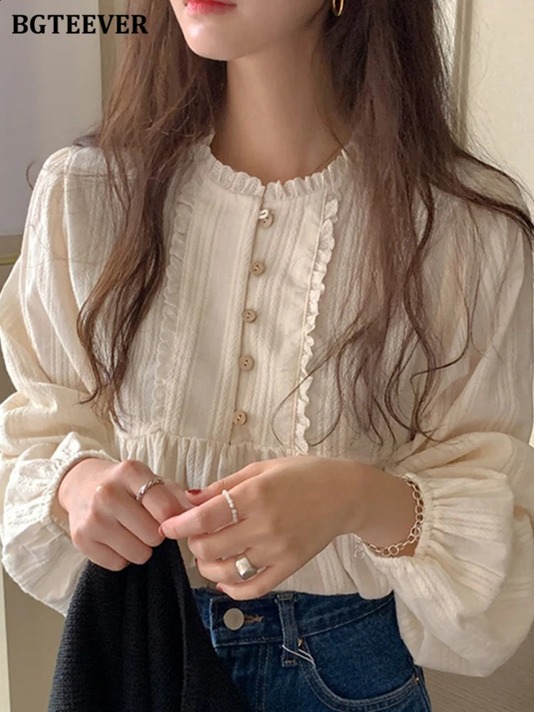 BGTEEVER Fashionable and Elegant O-Collar Button Womens Shirt Top Long Sleeve Loose Womens Zipper Shirt Spring Womens Solid Blue 240820