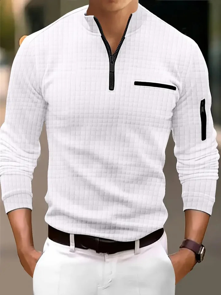 Fashion Spring and Autumn Mens Casual Long Sleeve Plaid Polo Shirt Pocket Zipper Standing Collar Street 240819