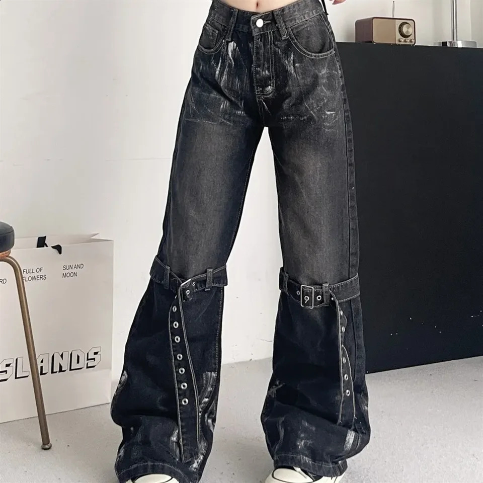 Streetwear Harajuku Y2K Star 2024 Womens Wide Leg Denim Trouser Black Womens Jeans High Waist Hip Hop Straight Pants Fashion Pants 240820