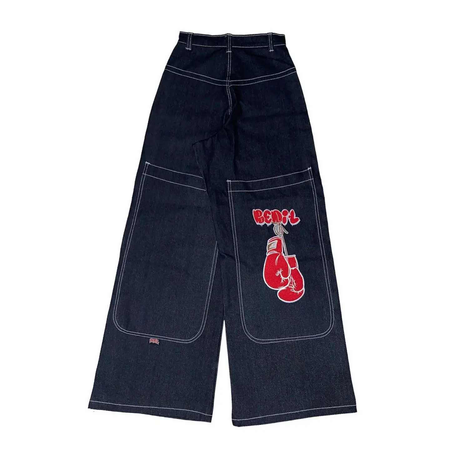 Men's Jeans Hip Hop Gothic Gloves Embroidery Baggy Jeans Men Oversized Pocket High Waisted Straight Wide Leg Denim Pants Retro Strtwear T240