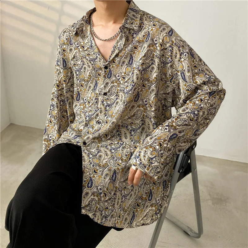 Spring Summer Caswif Flower Print Shirt Co dans style coréen lâche décontracté à manches longues à manches longues Blouse All-Match Men 240820