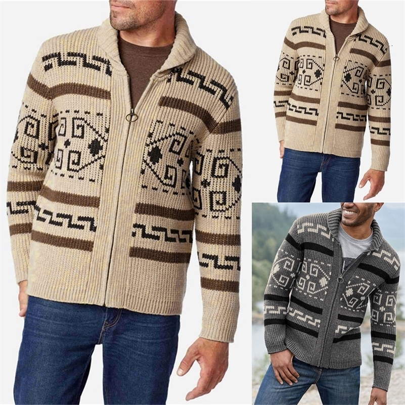 Autumn Winter Fashion Mens Knitted Sweater Vintage Pattern Print Zipper Cardigan Sweaters Men Casual Long Sleeve Coats 240819