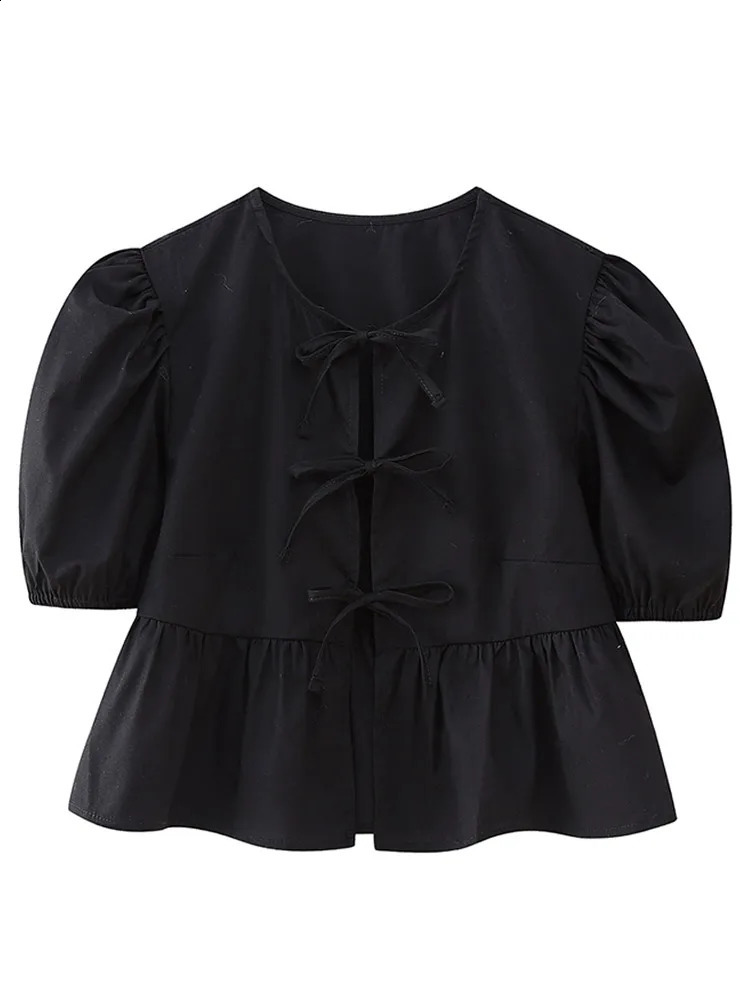 Fashionable lace O-neck womens shirt for spring and summer 2024 solid color puff short sleeved womens elegant and chic womens cut top 240820
