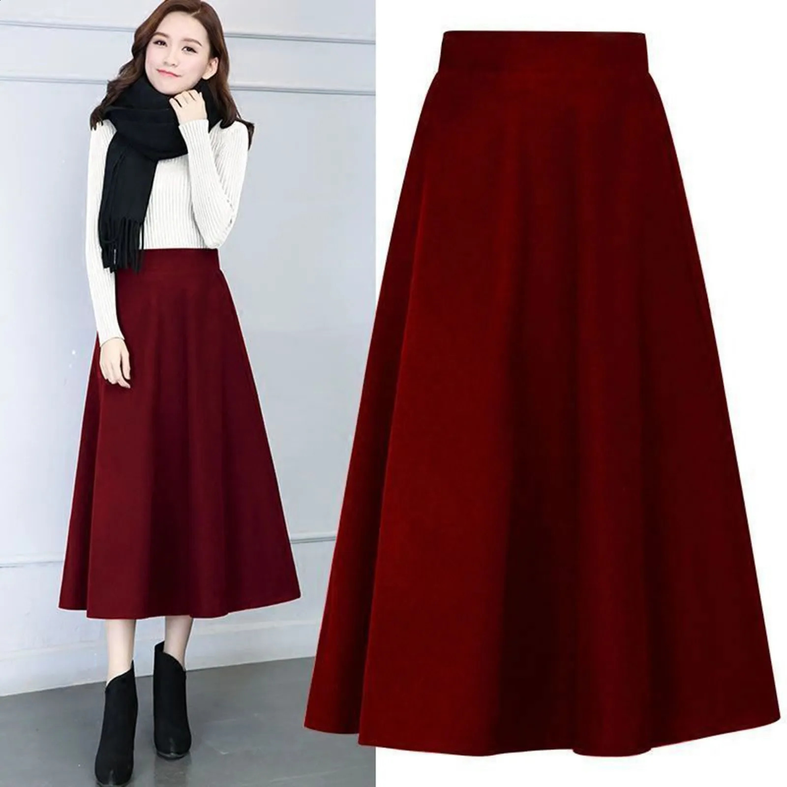 Autumn Winter Lady Midi Skirt Elastic Waist Large Hem Side Pockets Korean Style Solid Color A-Line Long Skirt Female Clothing 240820