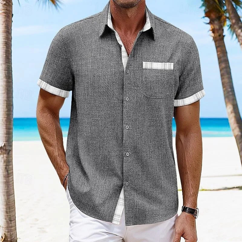 Mens casual short sleeved shirt streetwear collar button solid color cotton linen shirt mens retro vacation shirt 240819