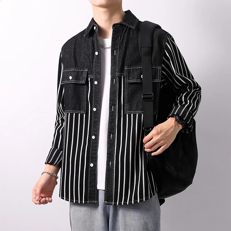 Denim striped shirt mens springsummer 100% pure cotton jeans casual collar jacket slim fit single corset top 240809