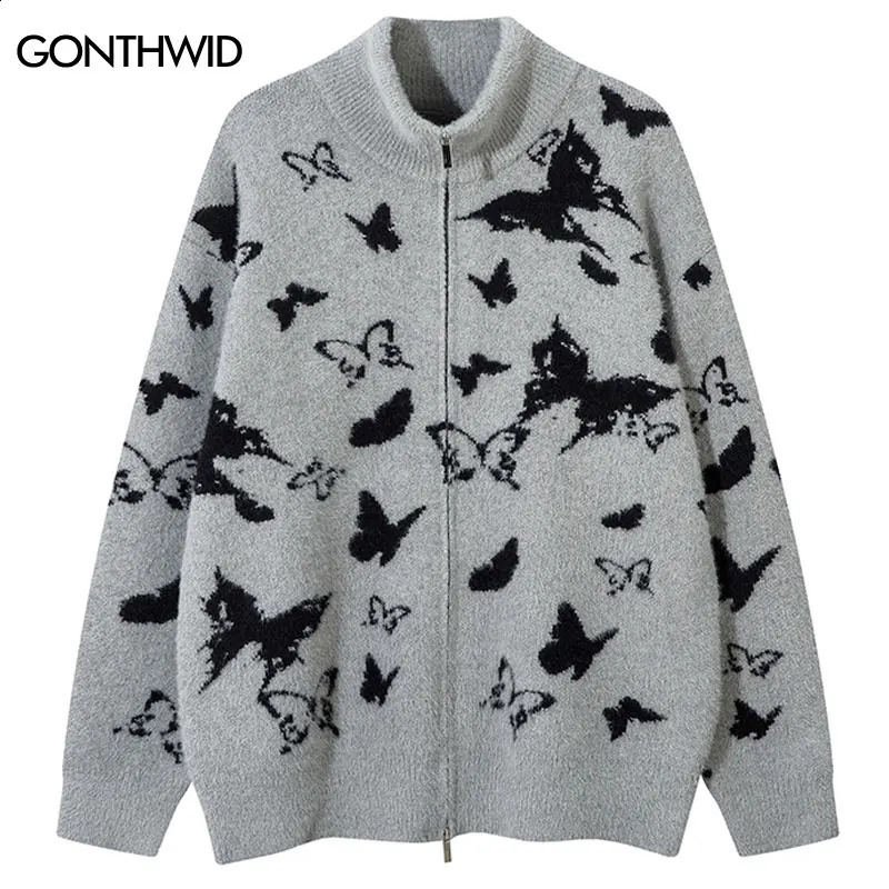 Vintage Oversized Sweater Cardigan Y2K Knitted Butterfly Cozy Jumpers Hip Hop Harajuku Punk Gothic Double Full Zip Up Sweaters 240819
